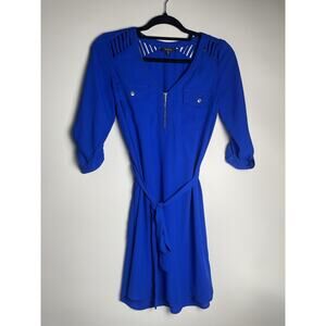 Royal Blue XOXO Shirt Dress With Tie Waist And Cutout Detail, Small